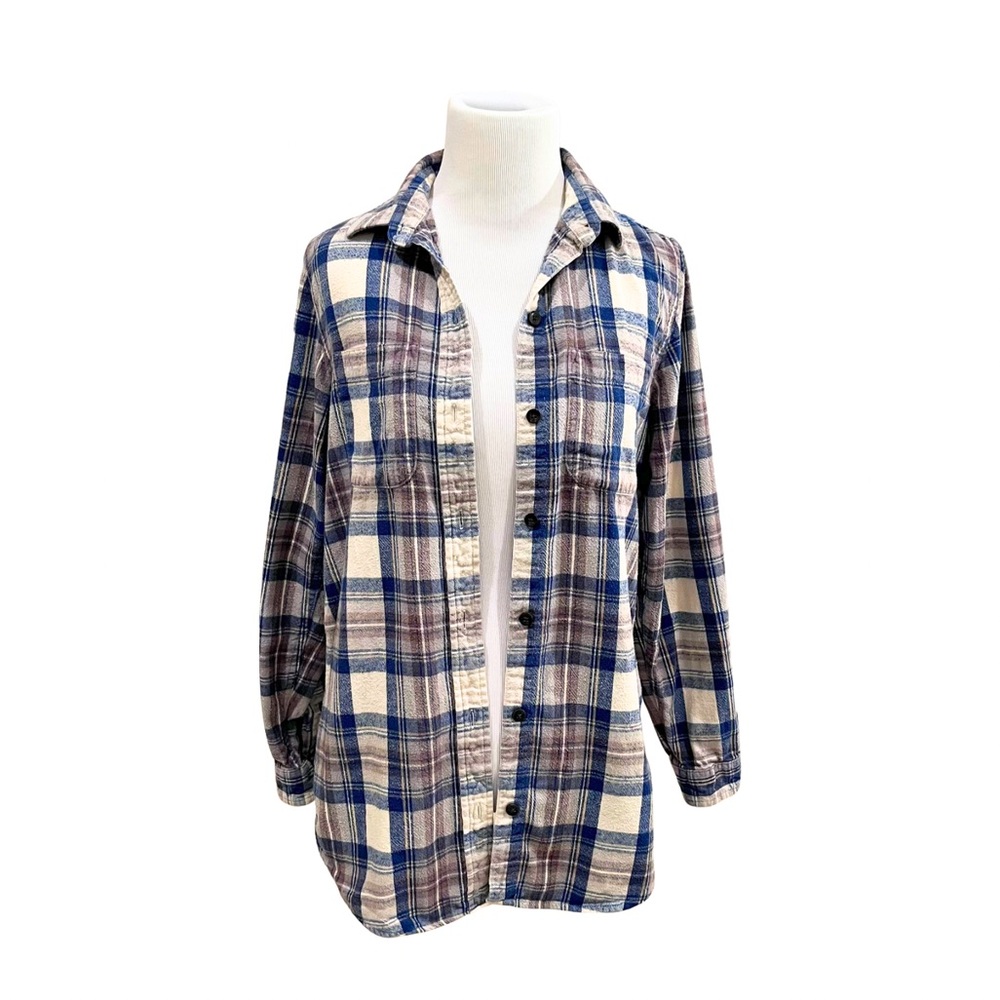 L.L. Bean XS Blue Cream Scotch Plaid Flannel Button-Down Shirt 100% Cotton